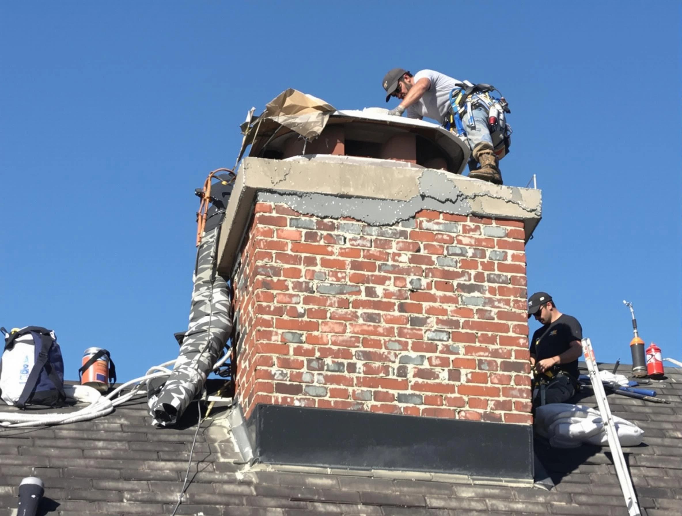 Fair Lawn Chimney Sweep installing a custom chimney crown in Fair Lawn, NJ