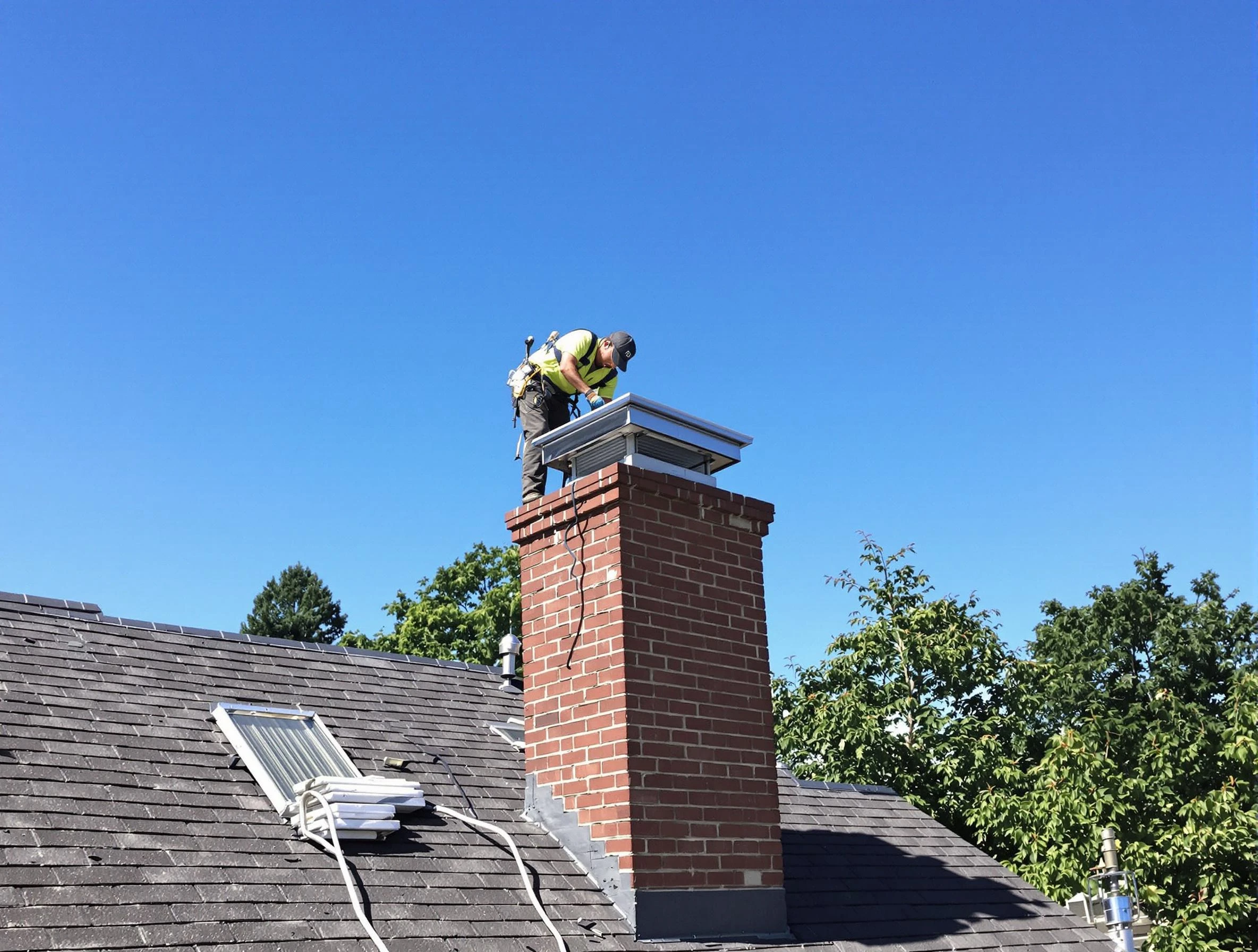 Fair Lawn Chimney Sweep technician measuring a chimney cap in Fair Lawn, NJ