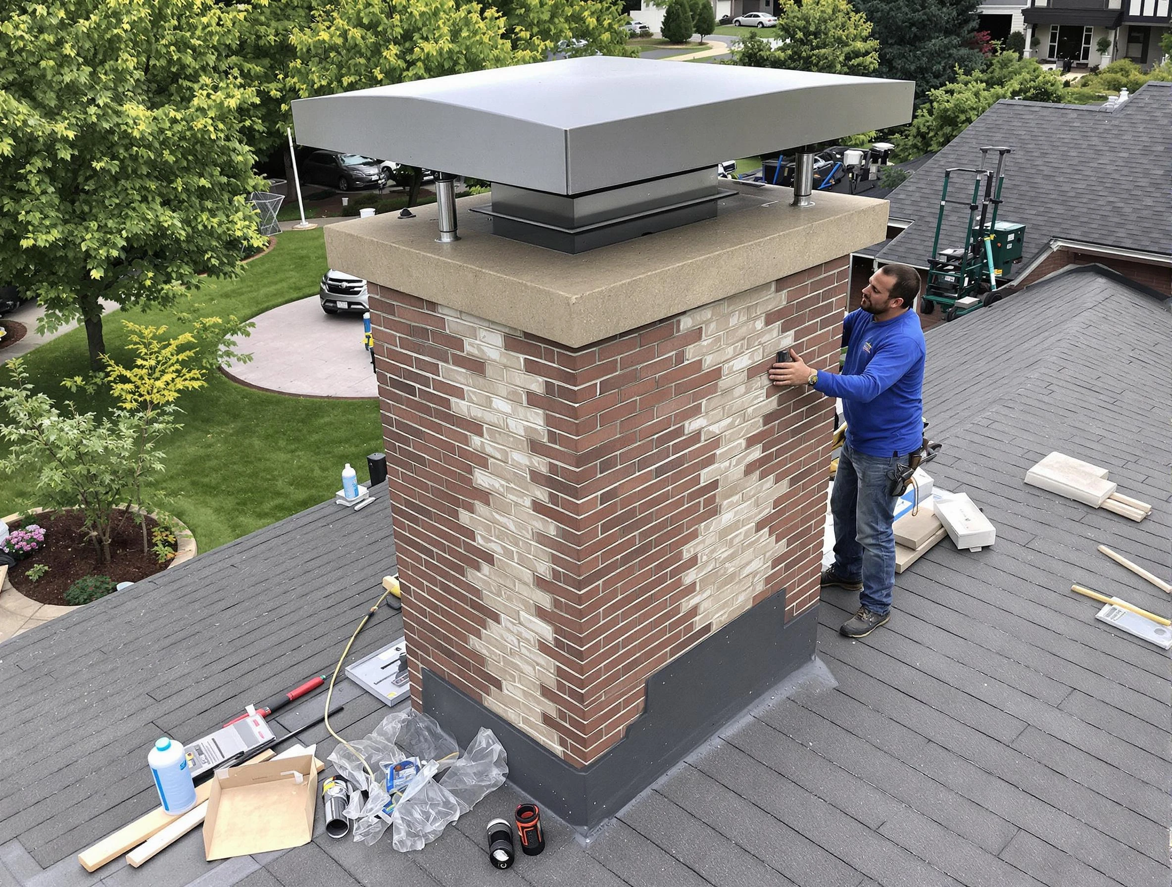 Fair Lawn Chimney Sweep team working on a custom chimney remodel in Fair Lawn, NJ